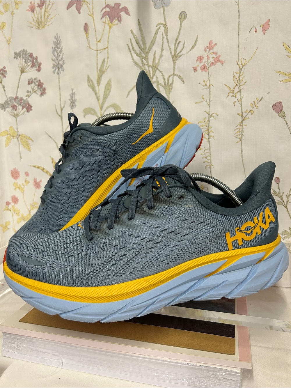 Hoka Men's Slate Gray and Yellow Clifton8 Running Shoes